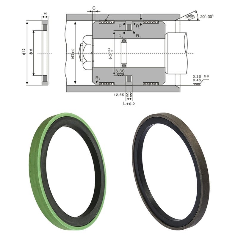 Side-by-side comparison of failed vs. premium hydraulic cylinder piston seals showing wear patterns and material integrity that impact system performance and leakage prevention.