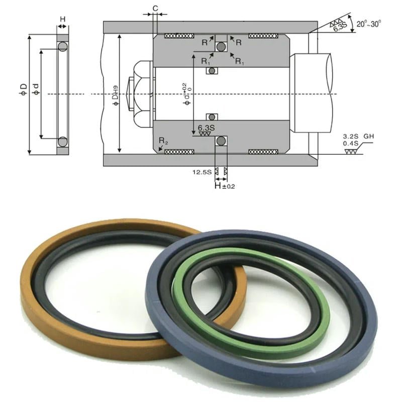 Close-up view of a worn or damaged hydraulic cylinder piston seal, highlighting signs of wear.